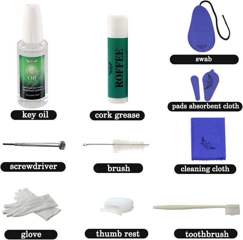 ROFFEE Store Clarinet Cleaning Cleaner Care Maintenance Kit - Clarinet Cleaning Kit: key oil, cork grease, swab, cleaning cloth, thumb rest, mouthpiece brush, screwdriver... - Image 2